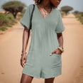 thumbnail image 2 of GILIGEGE Linen Overalls for Women Womens Summer Cute Short Overalls Loose Fit Short Sleeve Casual Rompers Jumpsuits Shorts Fashion Women's Solid V Neck Pocket Zippered Short Sleeve Jumpsuit, 2 of 5