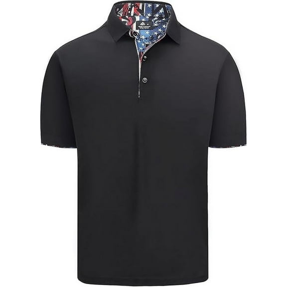 SR Men's Polo Shirts Short Sleeve Button Golf Shirt Cassic Collar Print, BlackFlag M