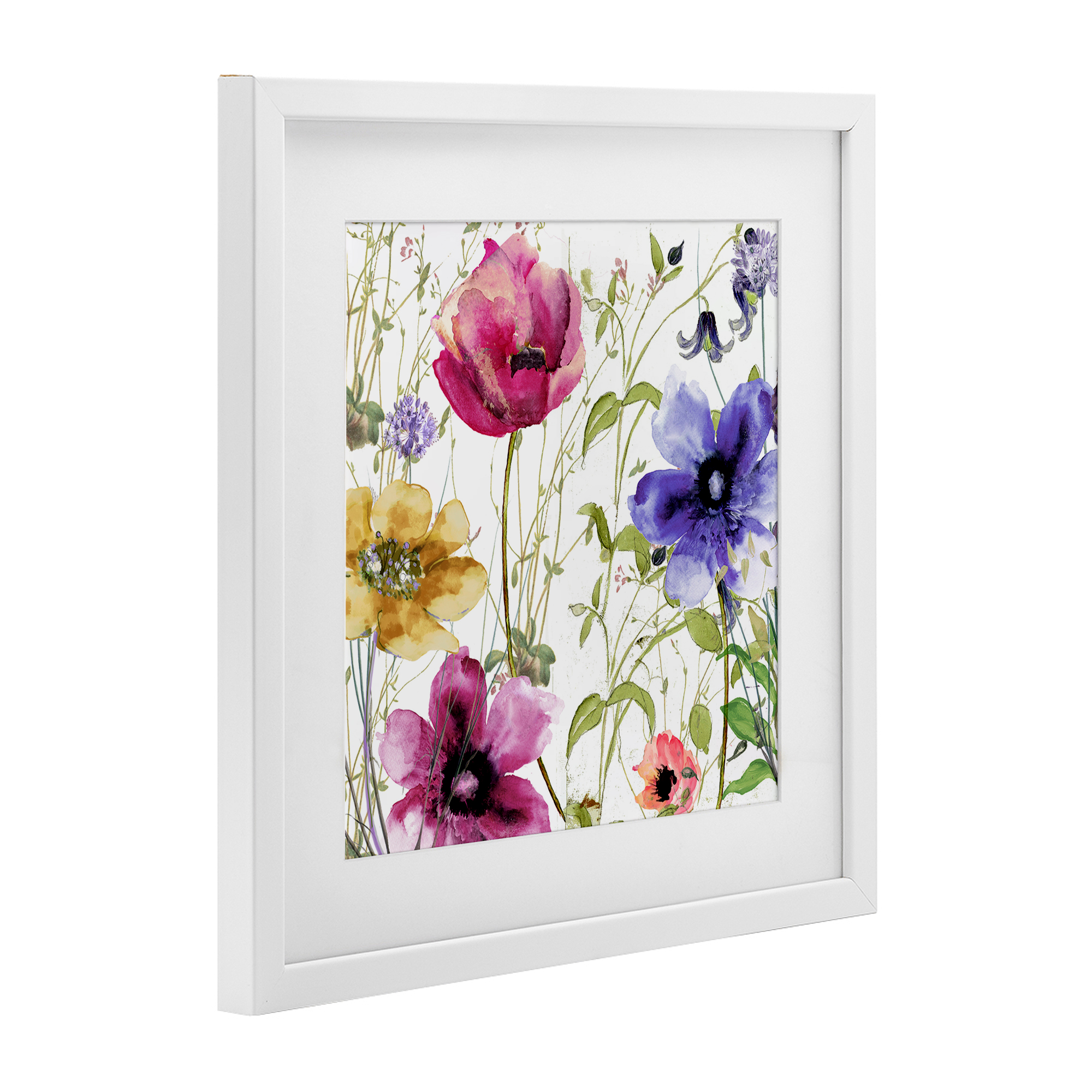 Botanical Spring Garden Blooms White Framed Print Under Glass, design by Sasha