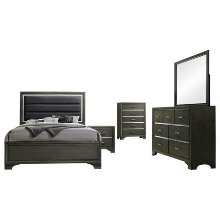 Sonata 5 Piece Bedroom Set King Gray Wood Faux Leather Modern Upholstered Panel Bed Dresser Mirror Chest 1 Nightstand