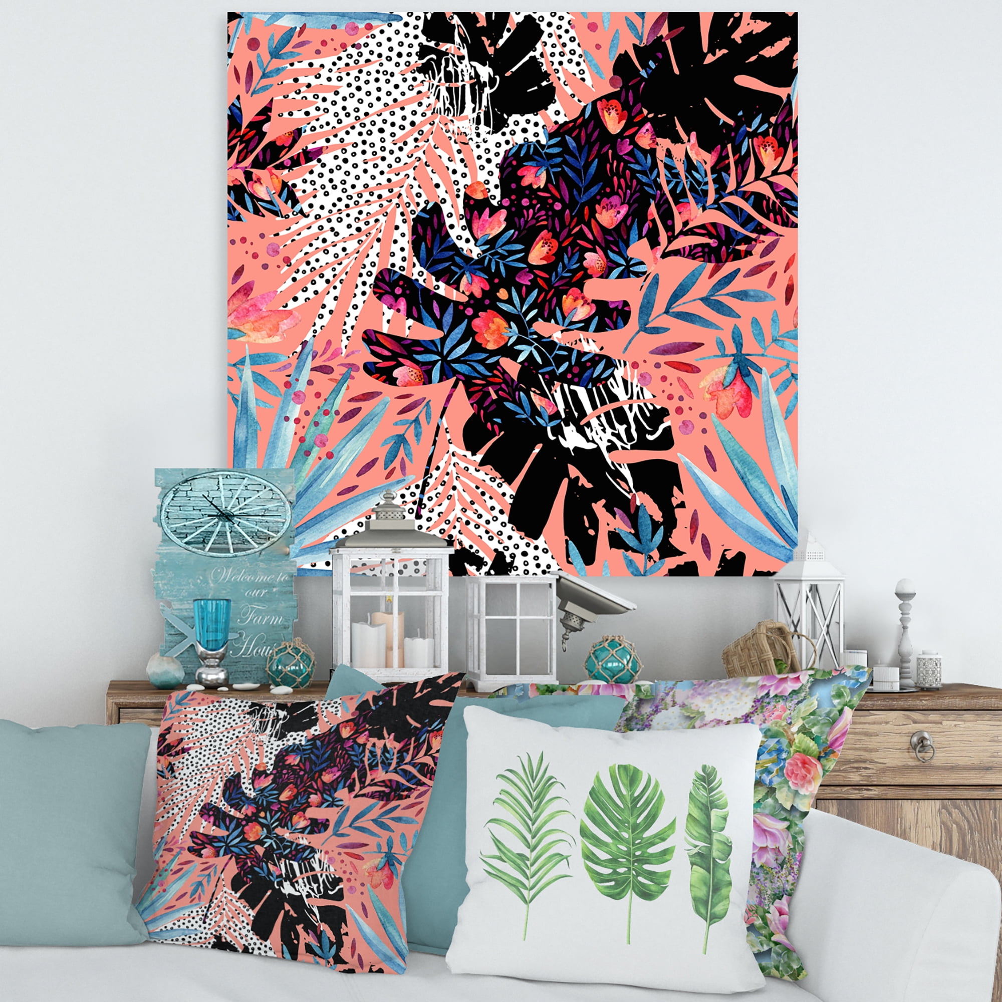 Designart ' Abstract Tropical Floral Patchwork II ' Tropical Canvas Wall Art Print