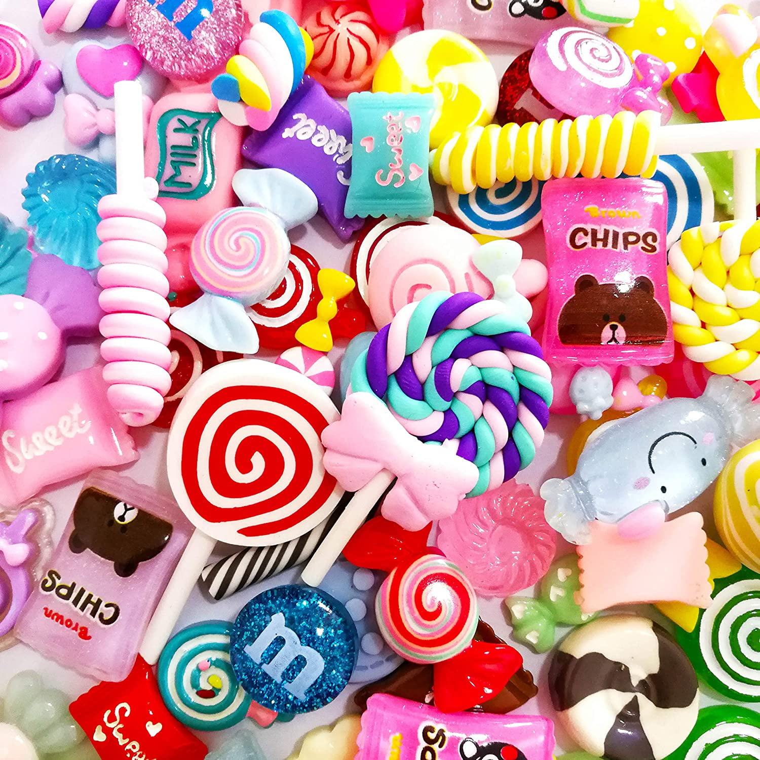 100 Pieces Slime Charms Cute Set Mixed Candy Sweets Resin Charms Lollipop Resin Flatback Slime Beads Making Supplies Assorted Kawaii Candy Ornaments for Scrapbooking DIY Crafts 10 Styles 