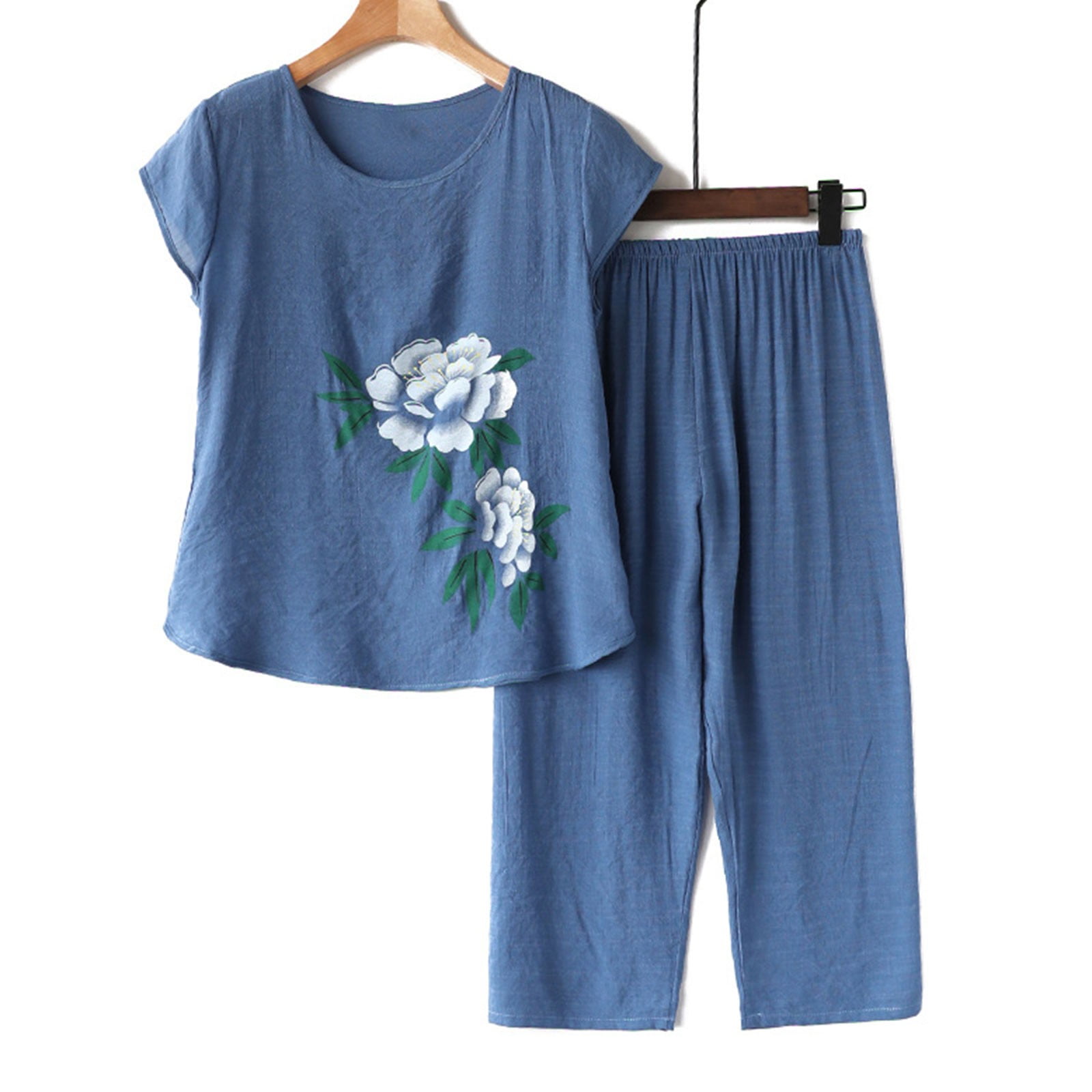 Xysaqa Women's Pajama Set Cotton Short Sleeve Shirt and Capris Pants ...