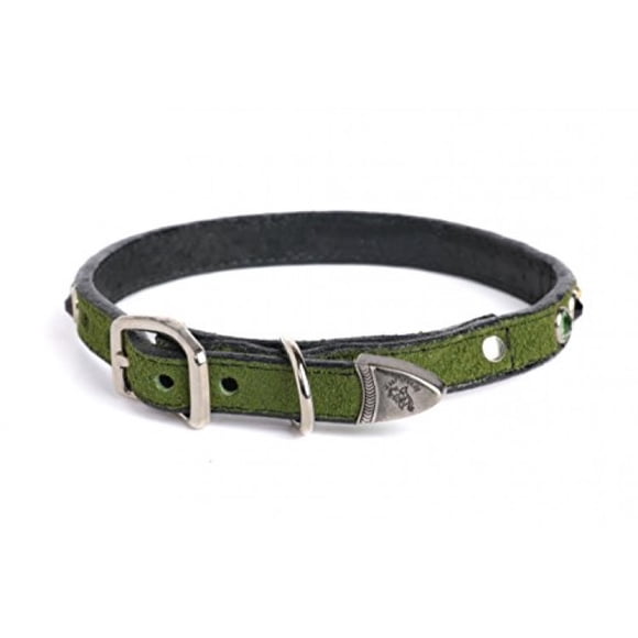 Dog Collar 100% Suede Italian Leather With Tri Colored Swarovski Crystals - Olive Green - 1/2" X 10 Inch