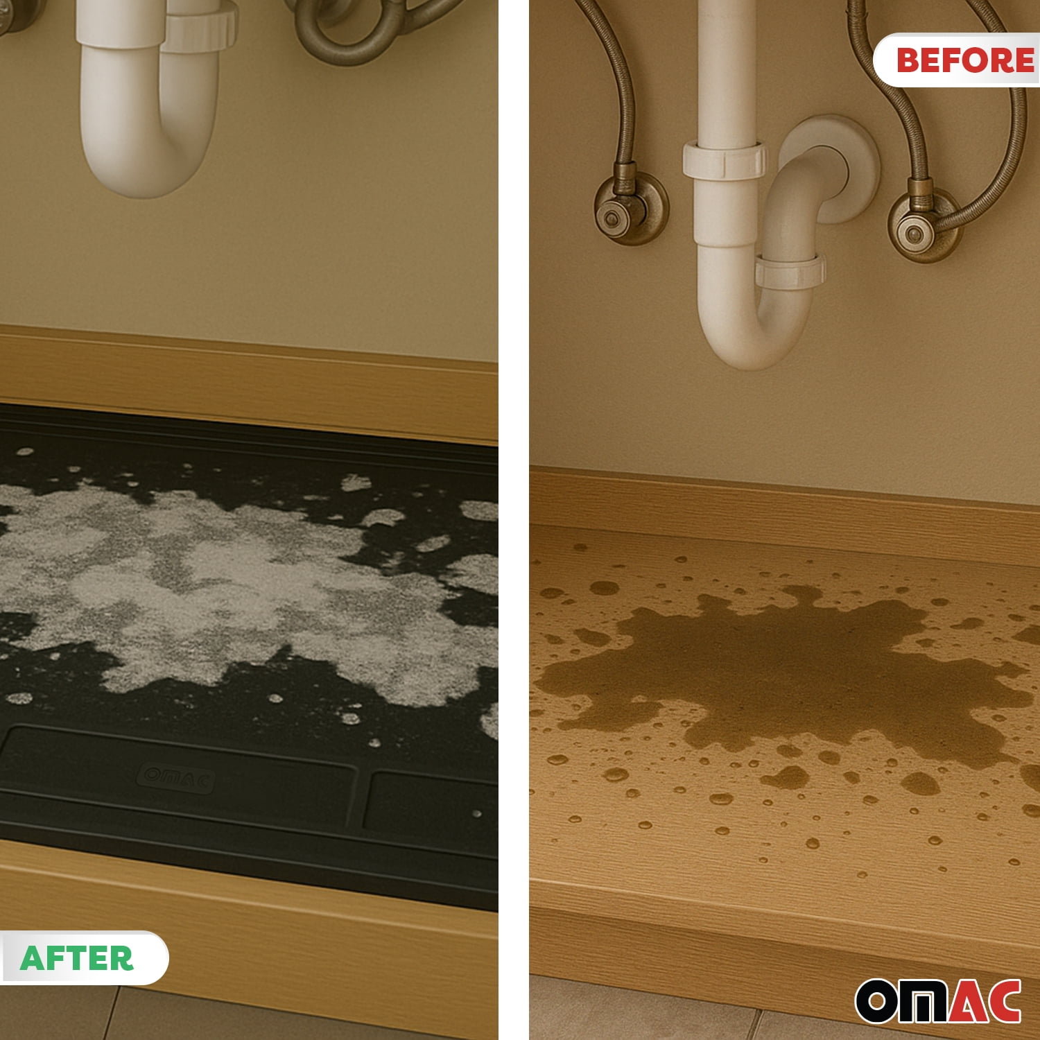 OMAC Waterproof Under Sink Cabinet Mat with Raised Edge - Leakproof & Durable