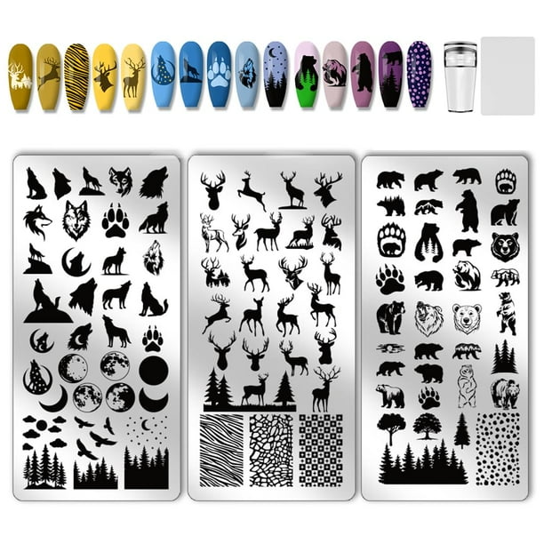 Juego de 3 placas para estampar uñas con diseños de animales salvajes: plantillas para uñas con temática de bosque, lobo, oso y ciervo. Incluye estampador y raspador.