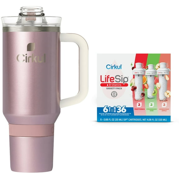 Cirkul 40oz All-Day StrawSip, Rose Gold & Cirkul LifeSip Flavor Cartridge Variety Pack, Drink Mix, 6-Pack
