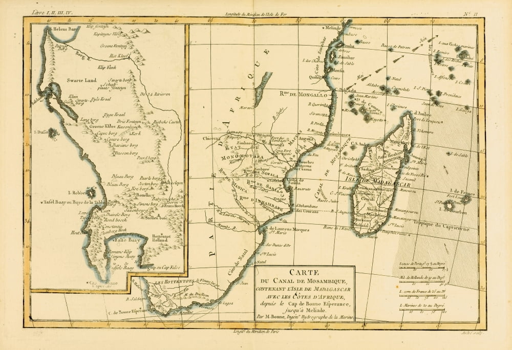Map Of Southern Africa And Madagascar Circa 1760 From Atlas De Toutes Les Parties Connues Du Globe Terrestre By Cartographer Rigobert Bonne Published Geneva Circa 1760 Canvas Art - Ken Welsh Design