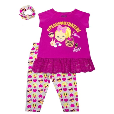 - JoJo Emoji Ruffle Tee and Capri Legging with Scrunchie, 2-Piece Outfit Set with Scrunchie (Little Girls)