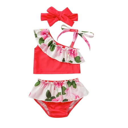 

Kids Swimsuit Bowknot Girls Flower Printed Ruffle Trim 2 PCS With Headband Swimwear Toddler Baby All Season Leisure Beach Holiday Children s Day Gift Tankini Bathing Suit