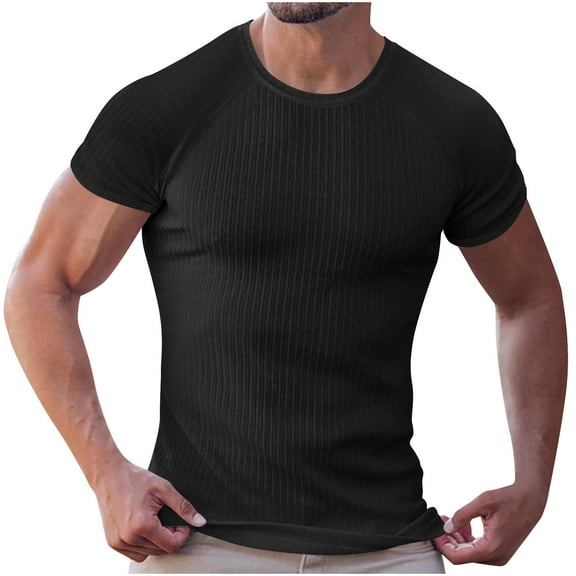 Qgtaibl Mens Gym Muscle T Shirts Summer Slim Fit Bodybuilding Workout Tees Solid Color Crewneck Short Sleeve Tops Black,M