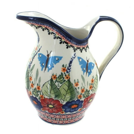 

Blue Rose Polish Pottery Floral Butterfly Pitcher