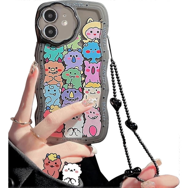 Compatible for iPhone 12 Case, Cute Clear Cartoon Bear Animal with Heart Beaded Lanyard Wrist Strap for Women Girly, Soft TPU- Monster