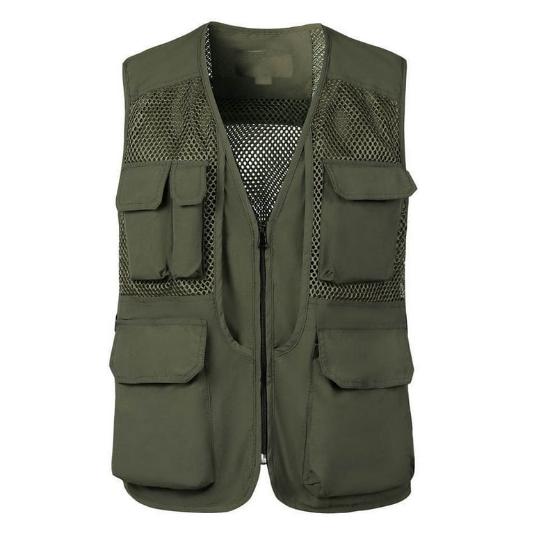 Wreesh Mens Cargo Vest Jacket Quick Drying Hiking Vest Breathable Mesh Work Vest Fishing Vests with Multi Pockets Olive Green C, Men's, Size: Medium