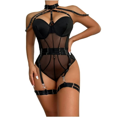 

Aoochasliy Bodysuits for Women Clearance Valentine s Erotic Siamese Lingerie 2-Piece Set of Mesh Splicing Straps with Steel Rings with Garter Belt Set