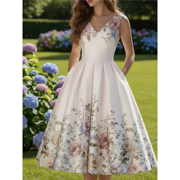 Women Vintage Peony Print Satin Midi Dress Sleeveless V Neck Pleated Swing Skirt with Pockets Garden Formal Dress