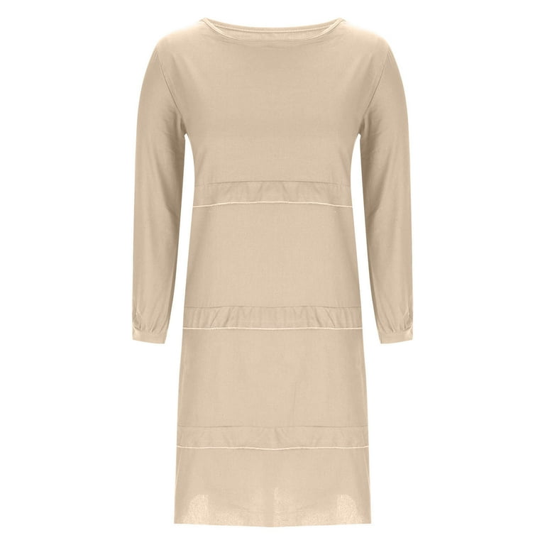 Homenesgenics Fall Dresses for Women Plus Size Women's Fashion Casual Solid  Long Sleeve Round Neck Dress Shift Dress Beige XXL - Walmart.com
