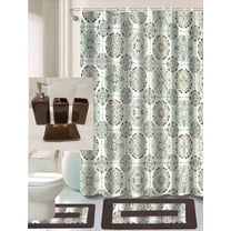 Luxury Bathroom accessories set package includes: 2 rugs mat non slip, 1 shower curtain with 12 hooks and 4 piece ceramic accesories print design zen brown