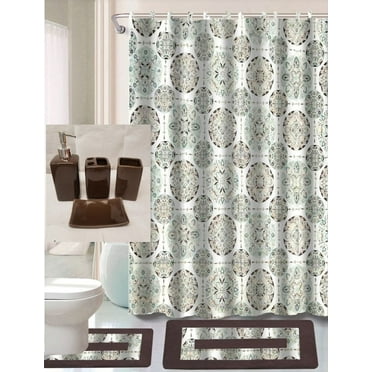 Luxury Bathroom accessories set package includes: 2 rugs mat non slip, 1 shower curtain with 12 hooks and 4 piece ceramic accesories print design zen brown