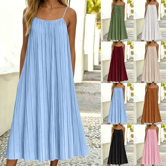 Womens Dresses 2026 Summer Spring Women's Summer Pleated Maxi Dress Loose Sleeveless Long With Casual Style for Beach Vacation Black L