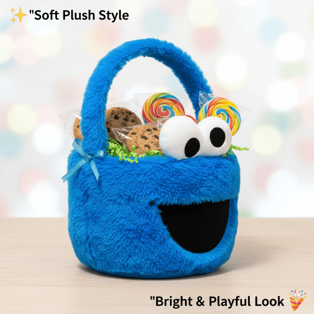 Sesame Street Cookie Monster Plush Easter Basket (1 Pack) – Blue Soft Plush Toy & Stationery Holder with Bonus LaPrima Morceau Bonbon
