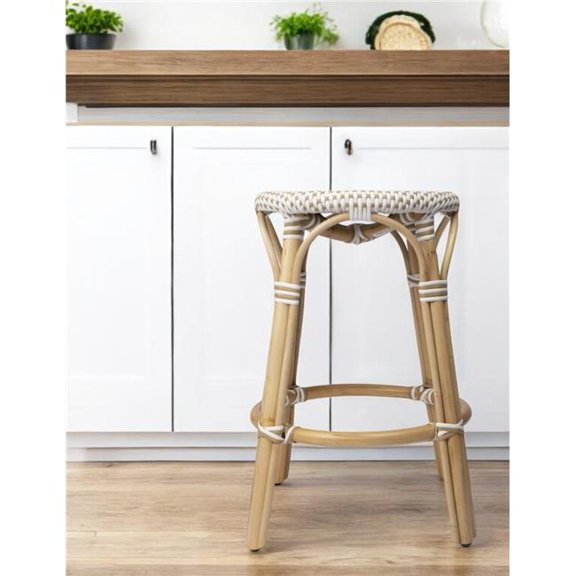 HomeRoots 389108 24 in. Beige White & Natural Rattan Backless Counter Height Bar Chair