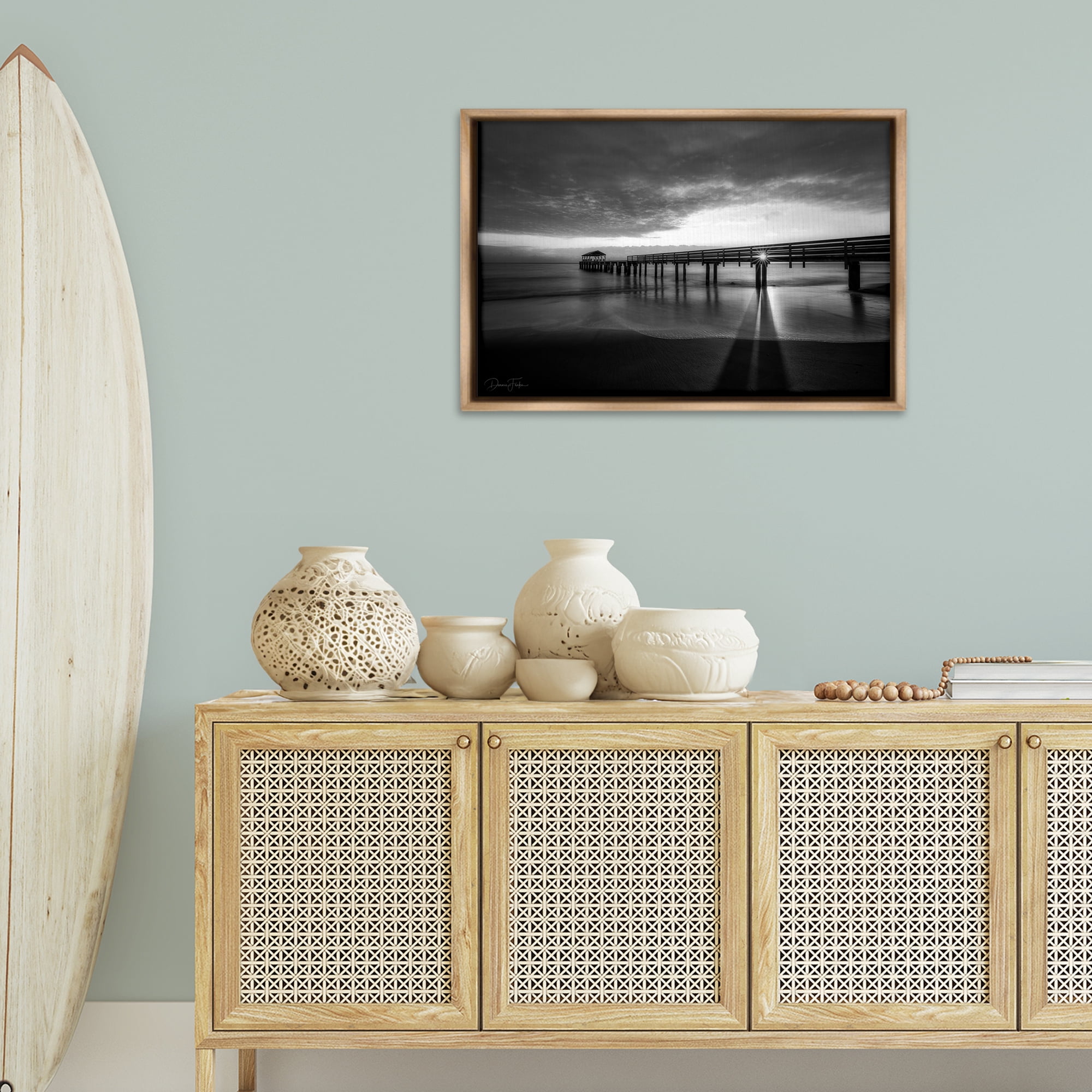 Stupell Industries Sun Shining Through Dock Landscape Photography Brown Floater Framed Canvas Art Print Wall Art, 31 x 21