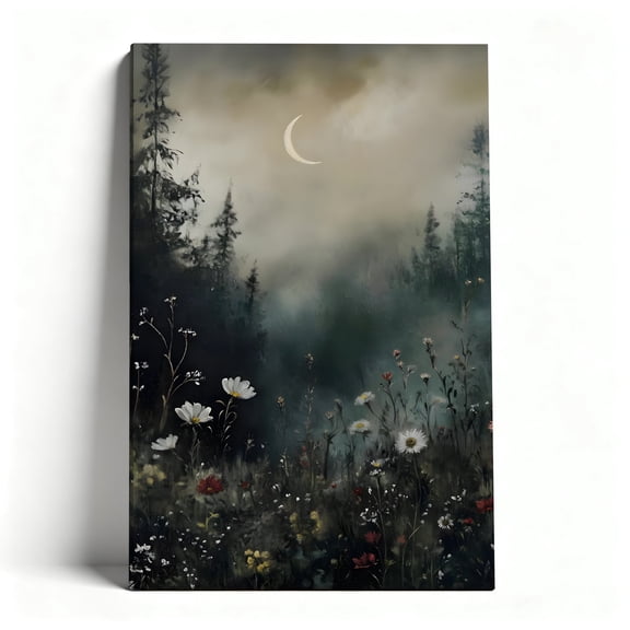 Moonlit Wildflower Forest Canvas Wall Art, Moody Nature Landscape With Crescent Moon, Rustic Wildflower Meadow Decor For Bedroom, Living Room, Bathroom, Ready To Hang 8*12inch(20*30cm)