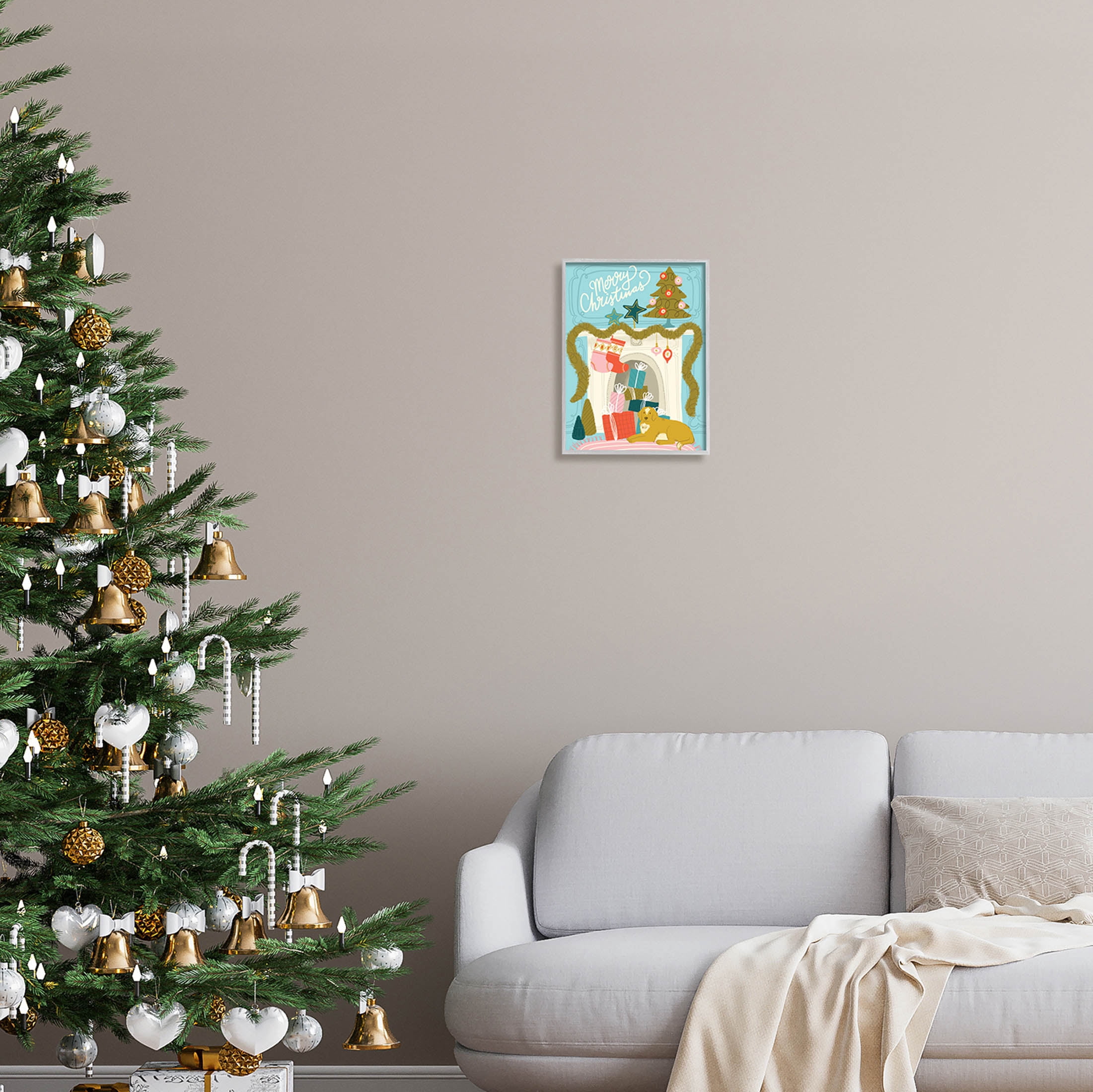 Stupell Industries Whimsical Fireplace Merry Christmas Graphic Art Gray Framed Art Print Wall Art, Design by Kristina Hultkrantz