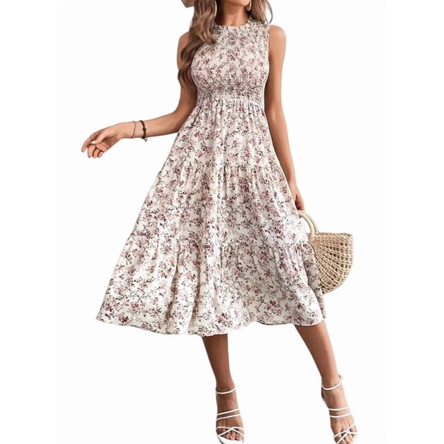 Robe d'Été Mi-Longue à Fleurs pour Femme, Manches à Volants, Robe Smockée Fluide pour Invitée de Mariage, Fleur Blanche, P