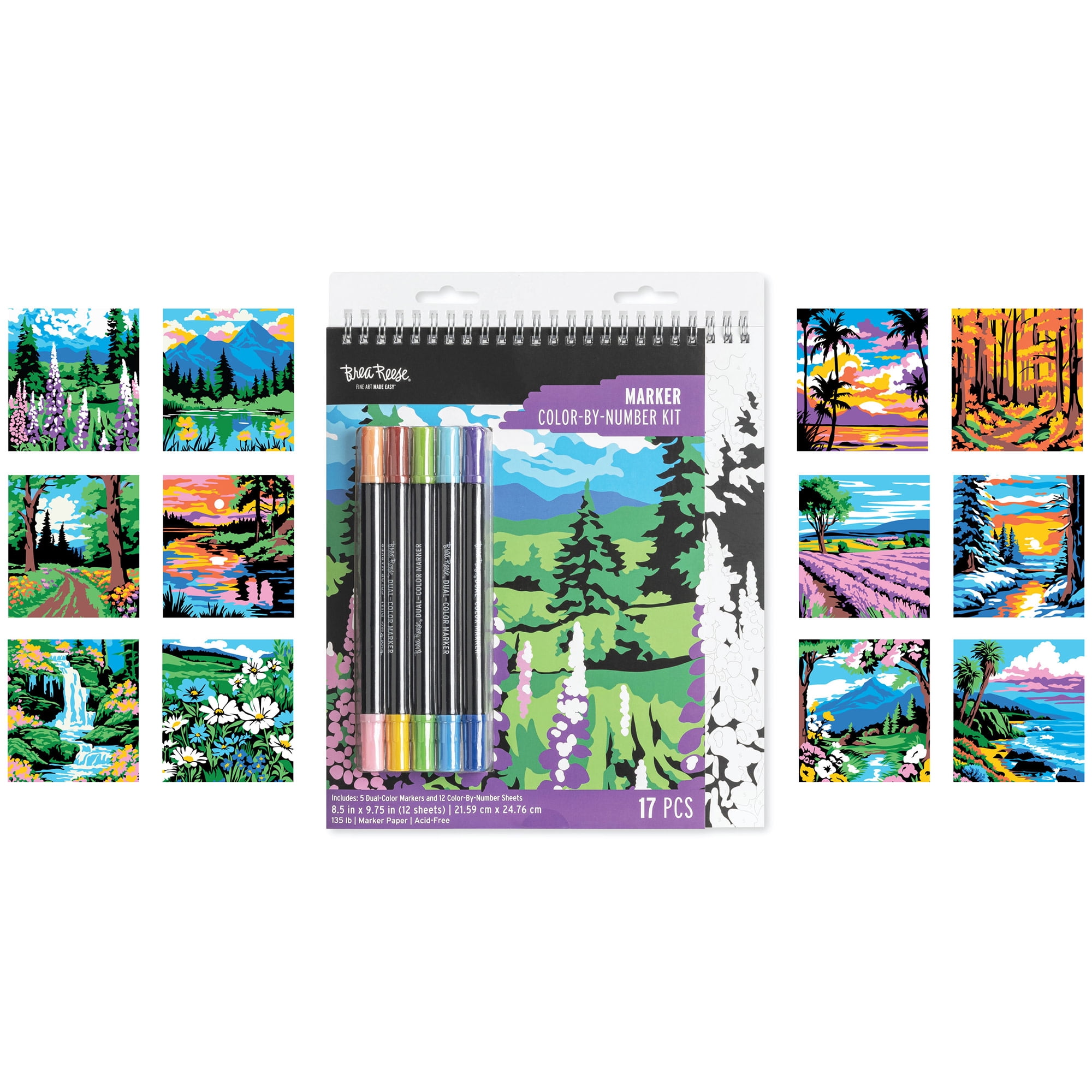 Brea Reese: Marker Color-by-Number Kit - Mountain Landscapes - 5 Dual-Tip Markers, 12 Designs, Guided Art, 8.5 x 9.75" Pages, Adult Spiral Art Pad