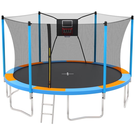 SEGMART Trampoline for Kids, New Upgraded 10 Feet Outdoor Trampoline with Enclosure Net, Basketball Hoop and Ladder, Heavy Duty Blue Round Trampoline for Outdoor Backyard, L