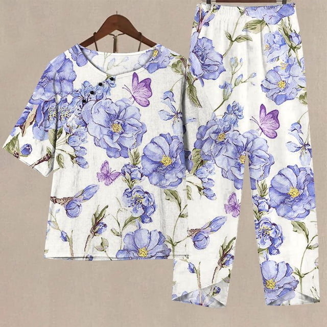 Ensemble 2 Pcs pour Femmes Été Ensemble Imprimé Manches Courtes Demi-Manches Col Rond Haut Court + Pantalon Décontracté Ensemble de Détente Deux Pièces Grande Taille en Liquidation