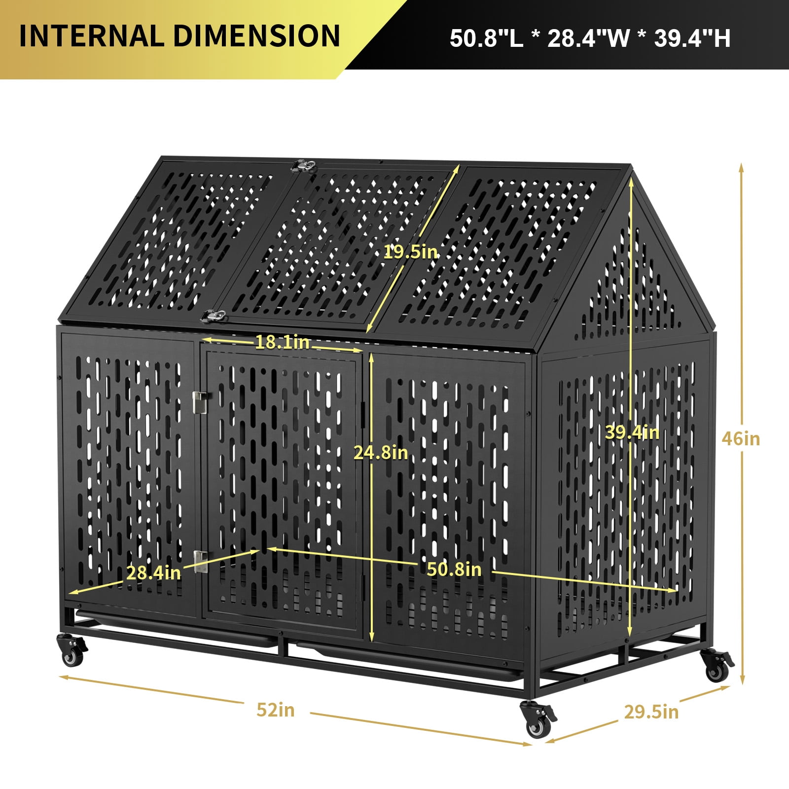 Heavy Duty Dog Crate Dog Cage, 52" Indestructible Metal Dog Kennel Lockable for Medium Large Dogs with Sturdy Door Lock and Removable Trays, Roof Top Access