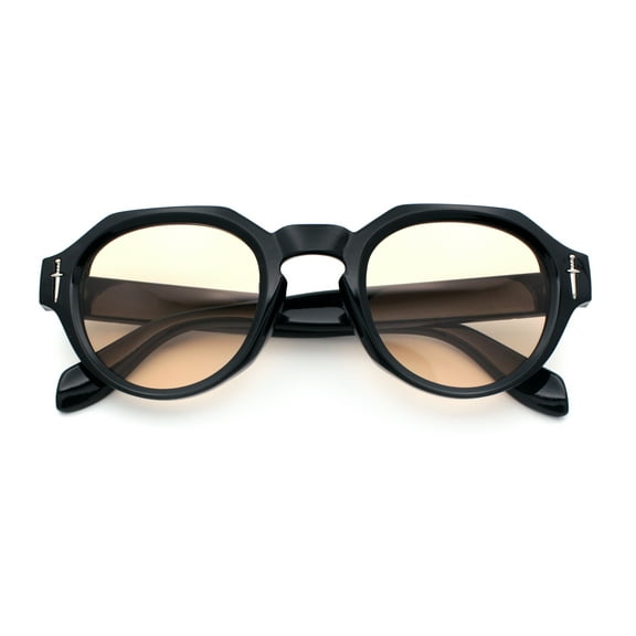 Round Keyhole Bridge Vintage Horn Rim Dagger and Shield Logo Sunglasses Black - Beige