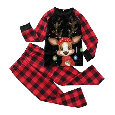 

Children For Christmas Family Matching Pajamas Cute Big Headed Deer Print Plaid Long Sleeve Tops And Pants Soft Suitable Holiday Sleepwear Black 7Y