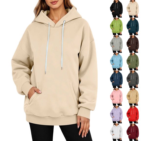 Vivianyo HD Women's Kangaroo Pocket Pullover Hoodie, Long Sleeve Casual Sweatshirt for Women, Women's Beige, Sizes S-2XL