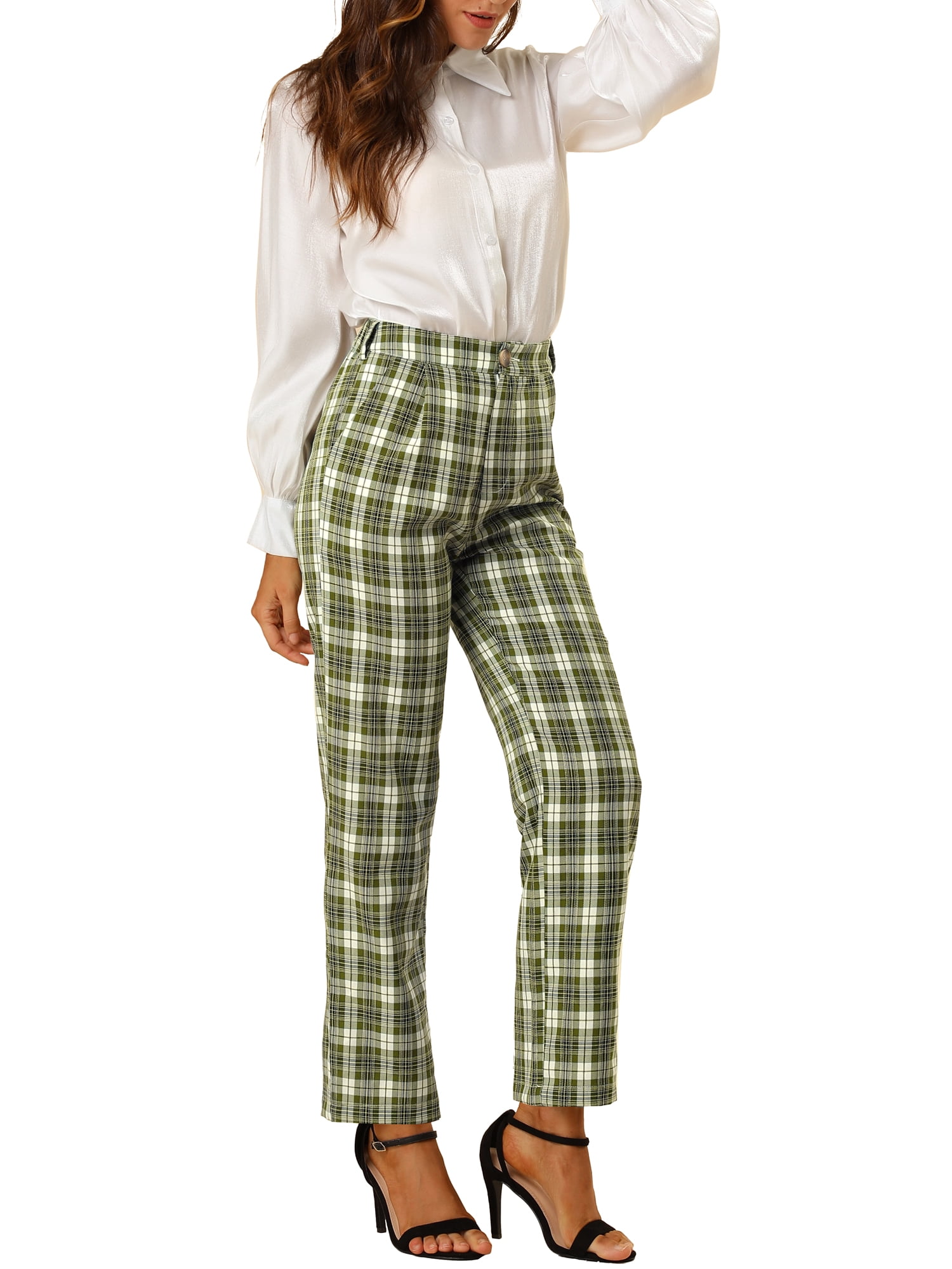 DARING DIVA Women's Plaid Trousers Pockets Straight Leg Casual Pant S Green