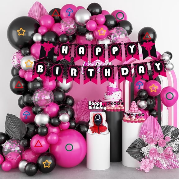 Pink Black Game Theme Birthday Party Decorations, Boys Men Women Trendy Happy Birthday Party Supplies Kit Include Banner Garland Cake Toppers Cupcake Toppers Balloons Stickers for Bday Party C113