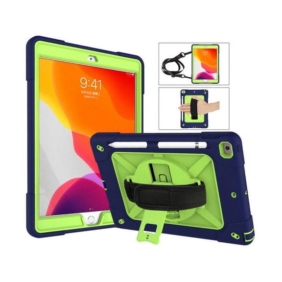 SOATUTO For iPad 9th 2021 Case Hybrid Shockproof Rugged Protection Cover with 360 Degree Kickstand/Hand Strap and Carrying Shoulder Strap For Apple iPad 9th 8th 7th Generation 10.2 inch -Navy Green