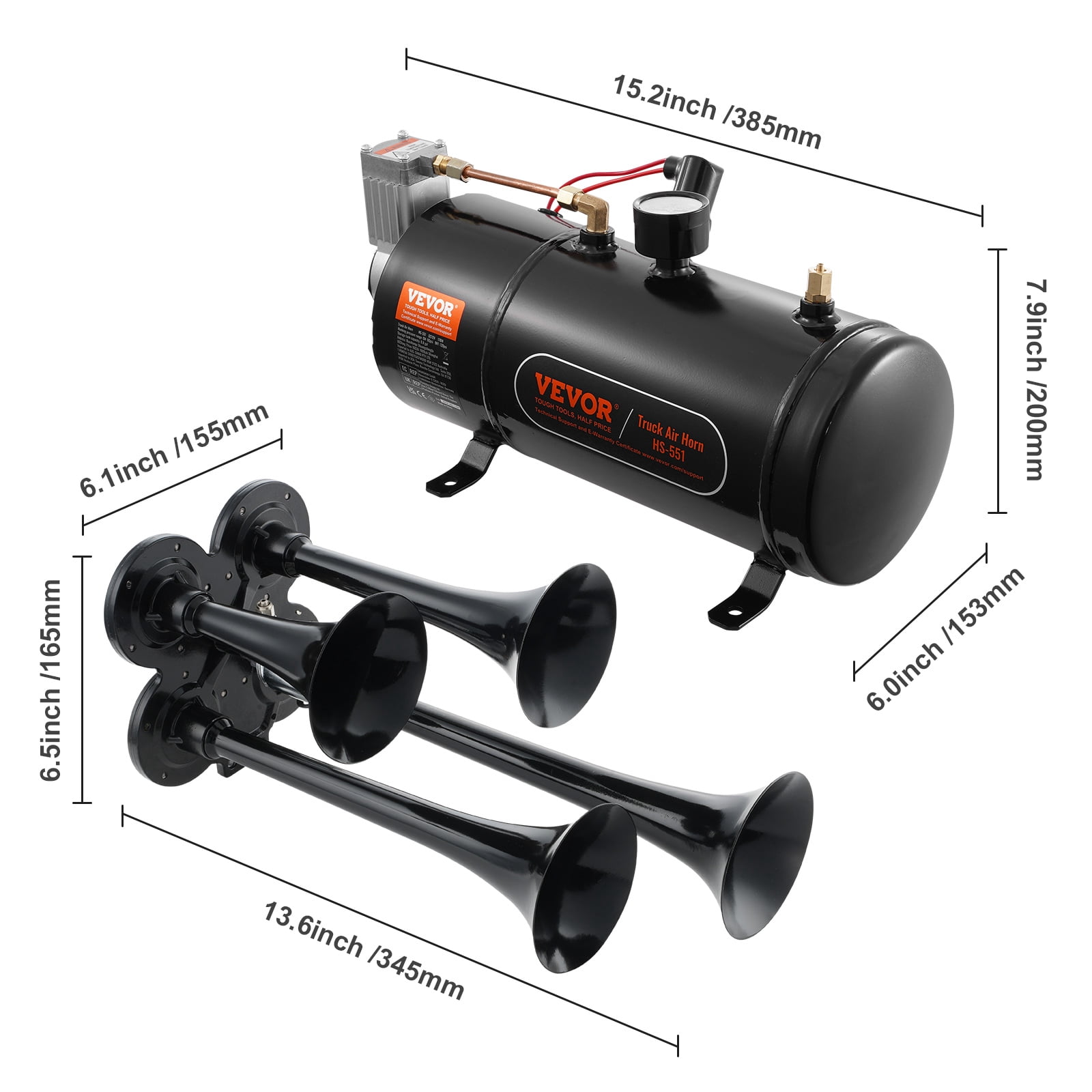 KFFKFF Train Horns Kit 4 Trumpet Air Horn Kit 120 psi Air Compressor 0.8 Gal Tank