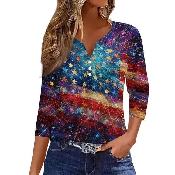 4th of July Shirts for Women Plus Size 3/4 Sleeve Tshirts Casual Red White and Blue Print Pullover USA 250th Anniversary Celebration Party Tops Independence Day Patriotic V Neck Blouses Dark Blue S