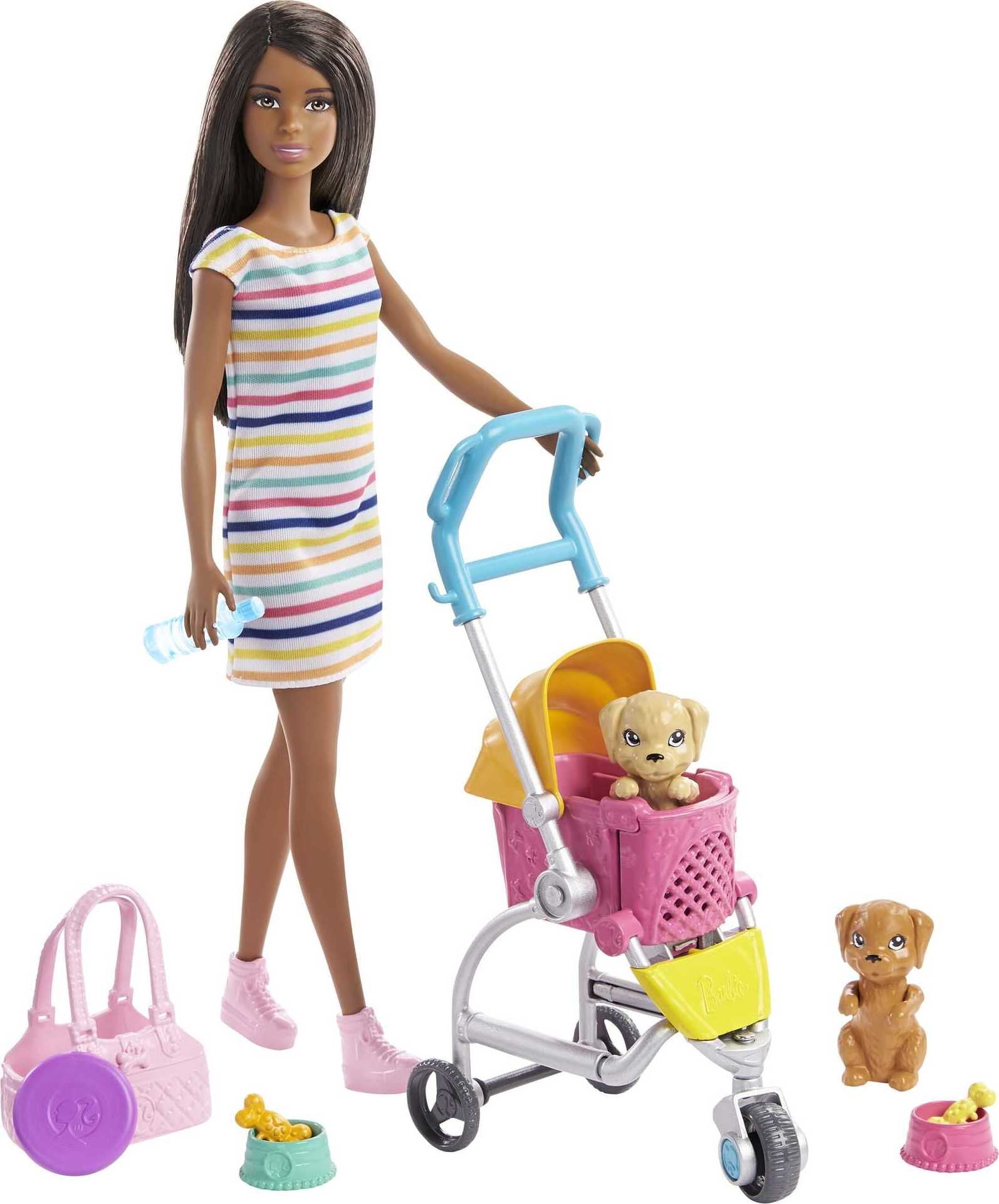 Barbie Stroll & Play Pups Playset with Brunette Doll, Transforming Stroller, 2 Pets & Accessories