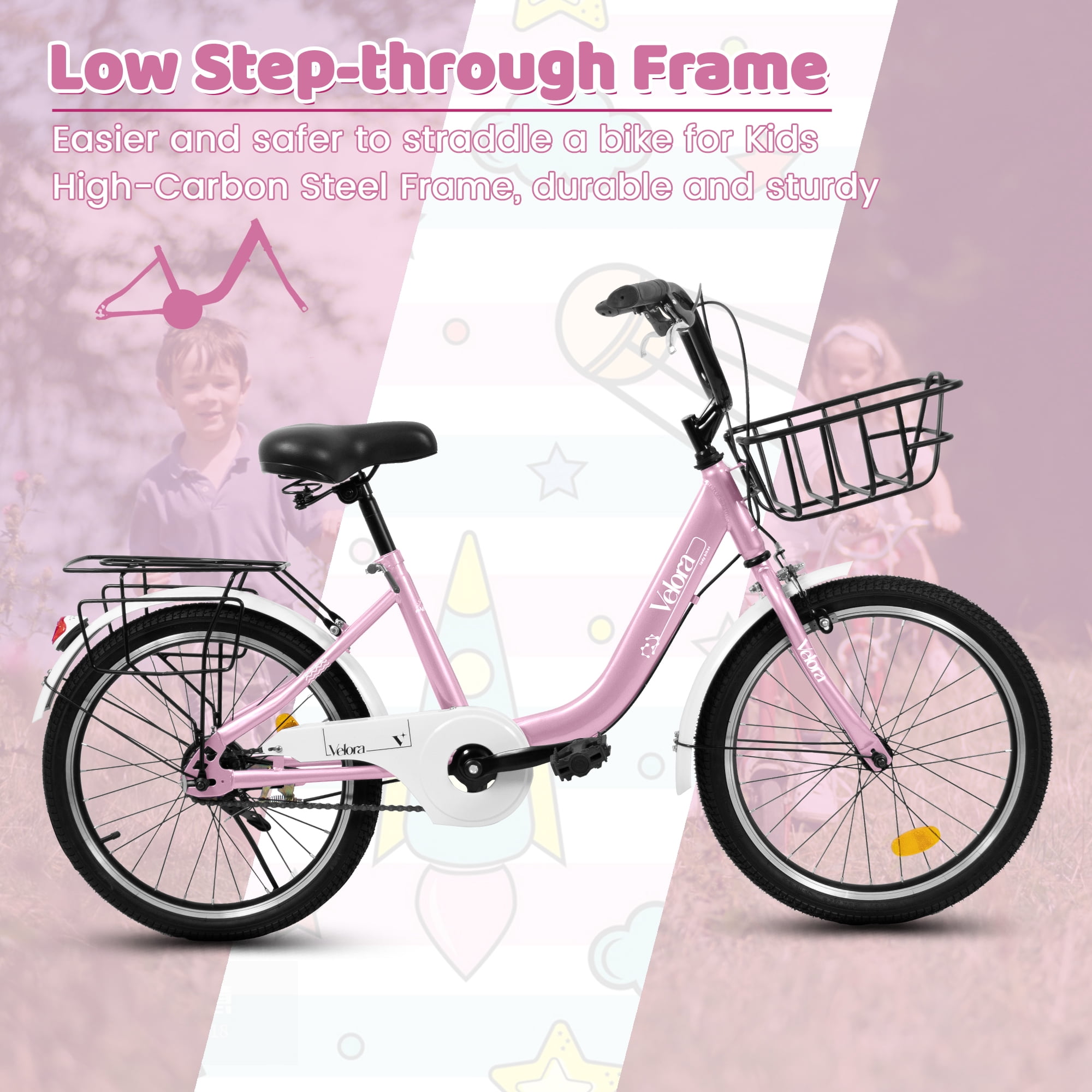 imerelez Kids Bike 20 Inch for Boys Girls Ages 6-12, Single-Speed with Dual V-Brake & Coaster Brakes, Lightweight Steel Frame, Multiple Colors (Pink/Green/Purple/White)