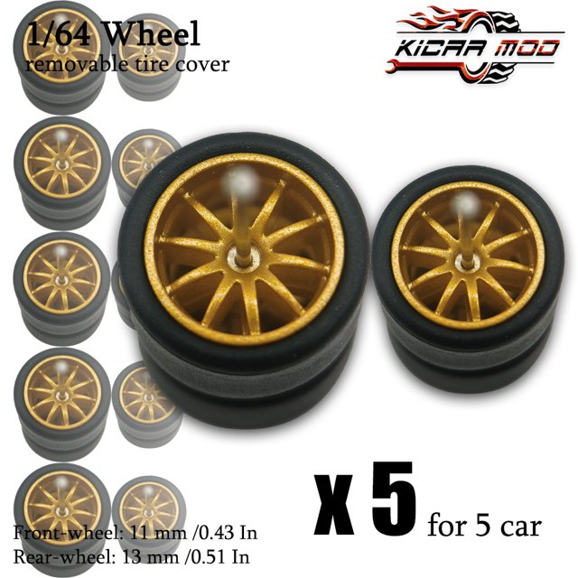1/64 Front Small Rear Big Wheels with Detachable Slick Rubber Tires for Model Cars Refiting Parts for Hotwheels (5 Sets) RLCBS003