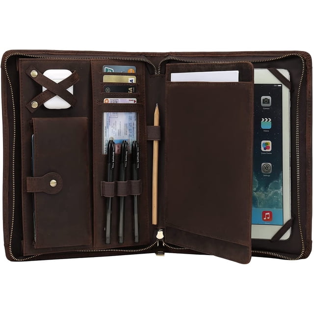 Leather Portfolio For Ipad Pro 11 2021 3Rd/2Nd/1St Generation With Pencil Holder, Genuine Leather Business Notepad Legal Pad Notebook Portfolio With Zipper, Tablet Padfolio Case For Ipad 11 Pro