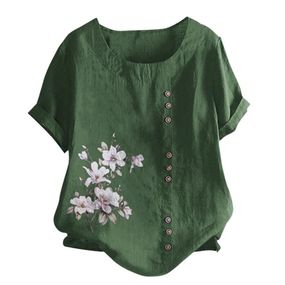 Pxiakgy Womens Embroidered Tops Casual Summer Boho T Shirts Women's Casual Loose Cotton and Linen T Shirt Cotton and Linen Top Loose Fit Short Sleeve Floral Blouses Linen Tops for Women Army Green L