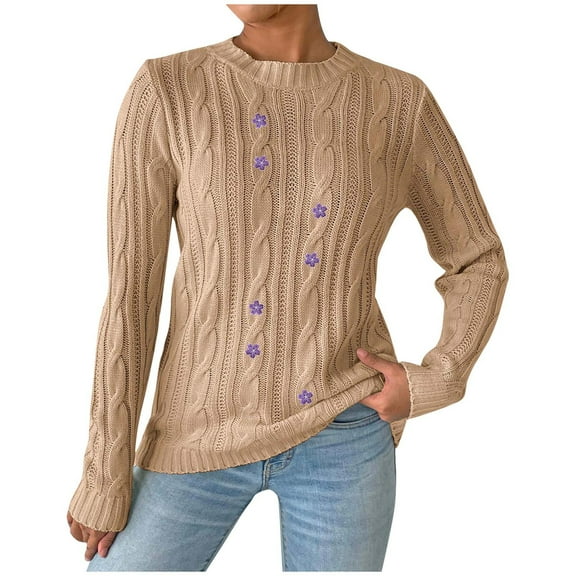 Busydd Sweaters for Women Fashion Floral Embroidery Knit Sweater Casual Long Sleeve Crewneck Tunic Sweater Fall Winter Pullover Sweaters