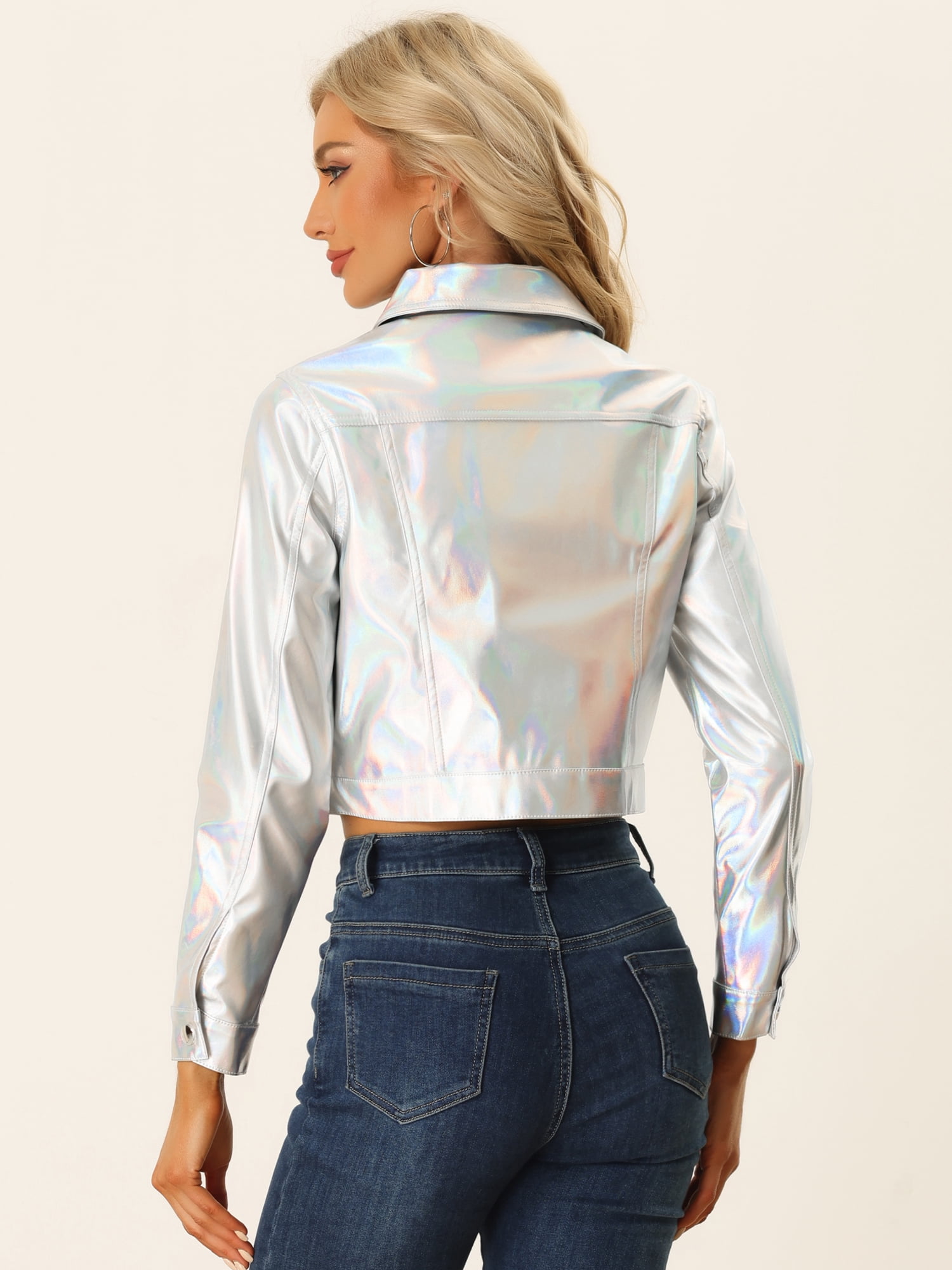 Chaqueta Allegra K De PU Holográfica Azul Púrpura XL Con Solapa