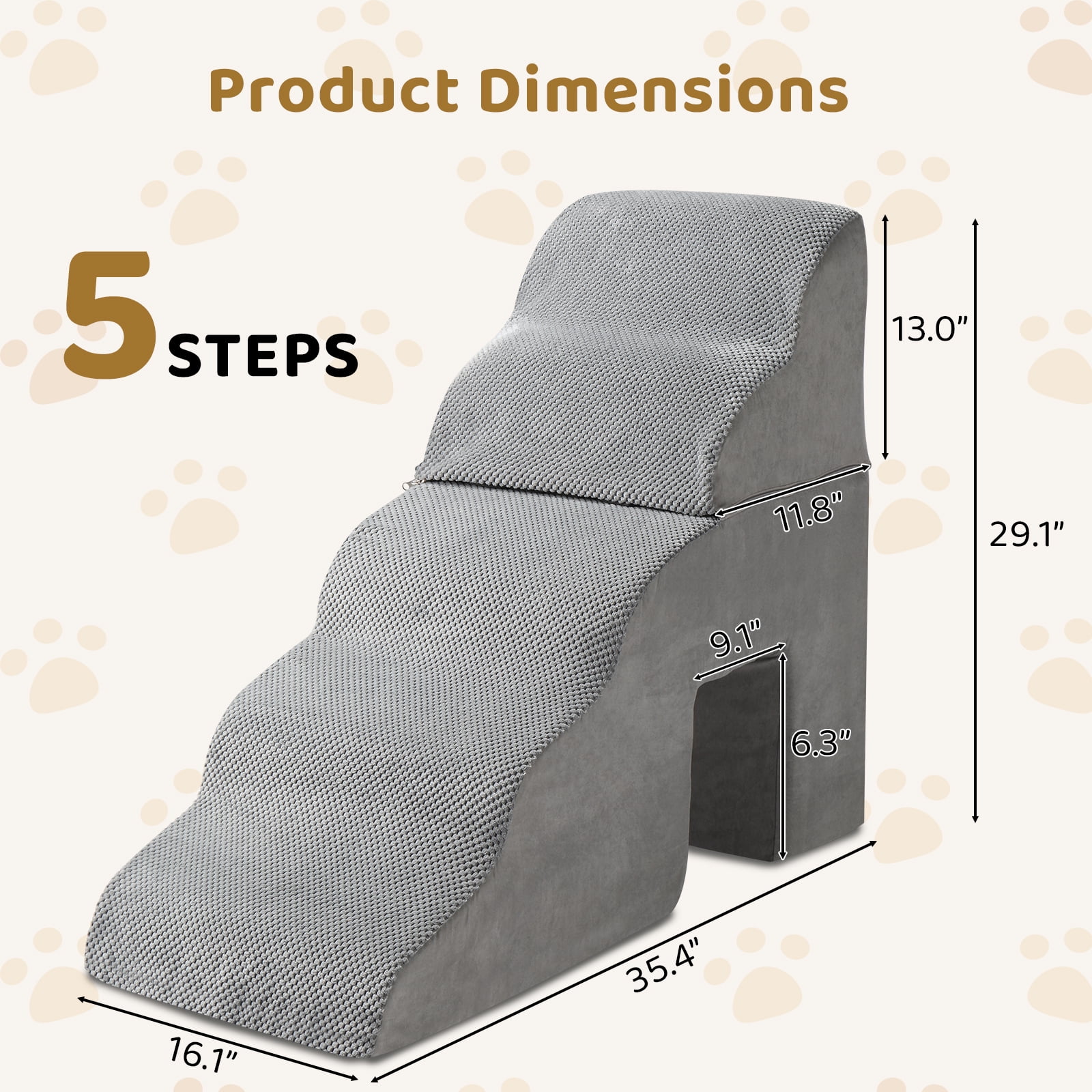 5 Step Pet Stairs for Dog Cat, Grey
